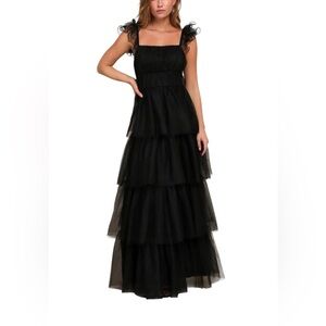 Lulus Tulle For Love Black Mesh Tulle Tiered Ruffled Maxi Dress